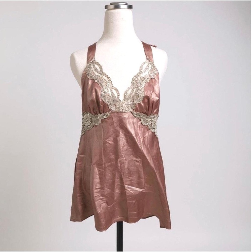 Vintage Fredericks of Hollywood Satin Lace Halter Nightgown Open Back Lingerie